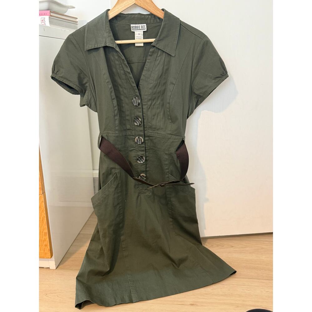 Olive Green‎ Shirt Dress Belted Utility Midi Collared Minimalist ✨